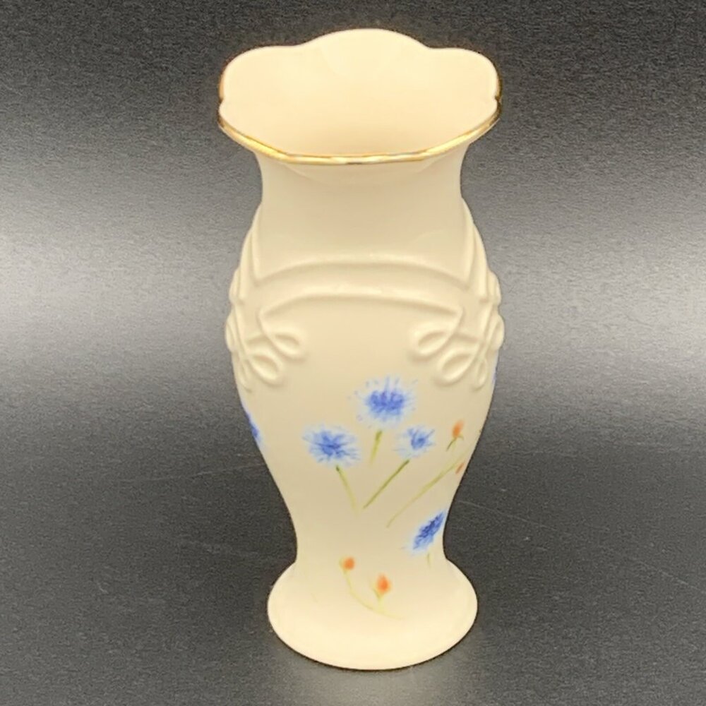 Lenox Bud Vase Holder Floral Ivory Gold‎ Trim Blue Spring Flowers 5" Tall